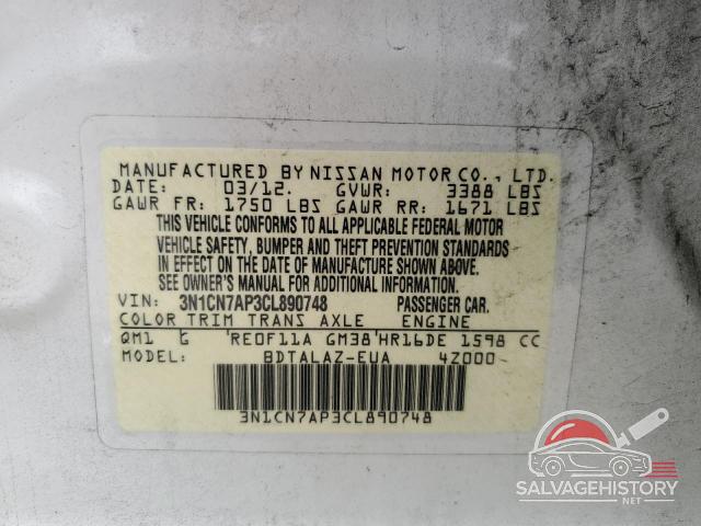 3N1CN7AP3CL890748 2012 NISSAN VERSA photo no. 12