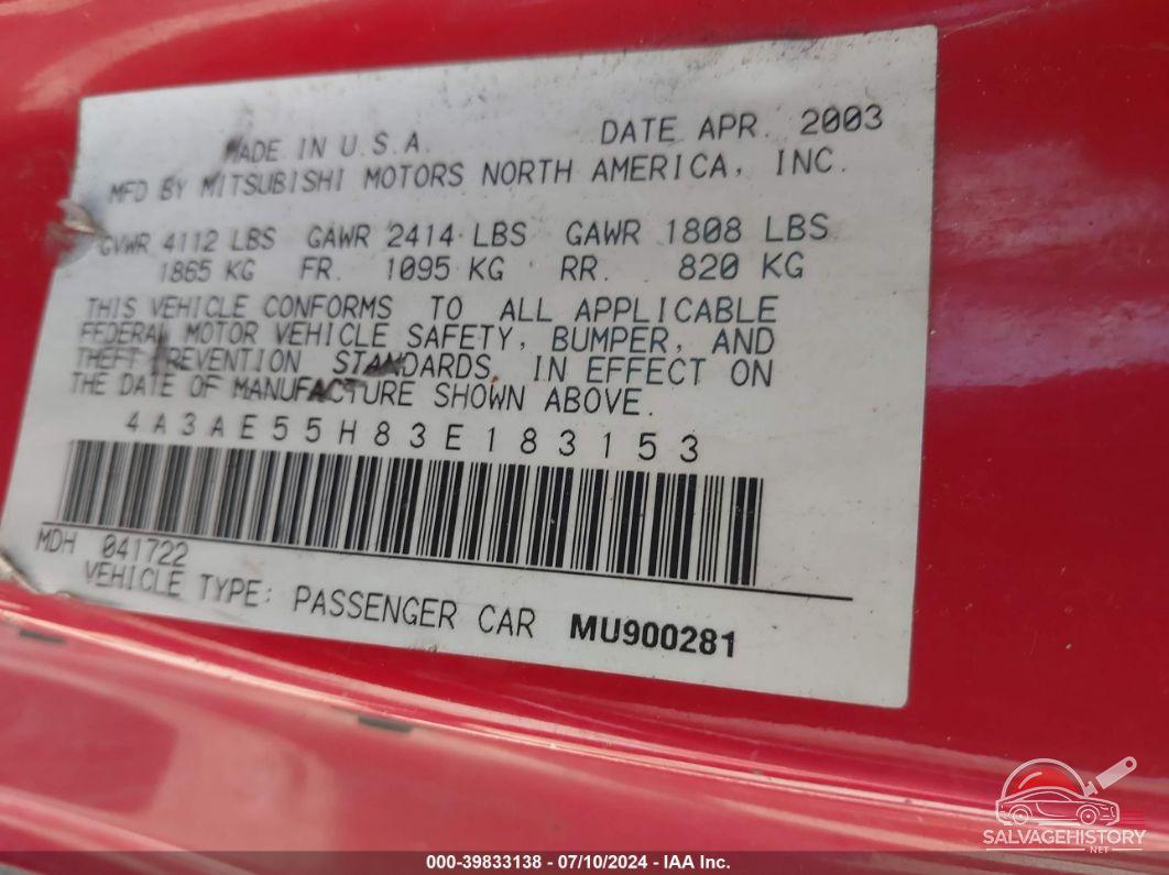 4A3AE55H83E183153 2003 MITSUBISHI ECLIPSE SPYDER photo no. 9
