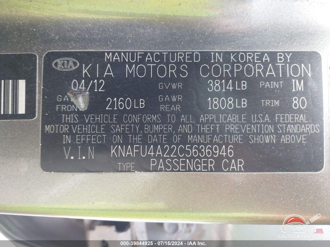 KNAFU4A22C5636946 2012 KIA FORTE photo no. 9