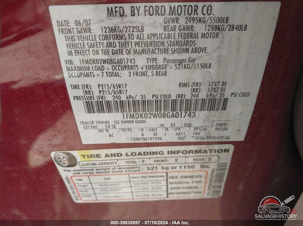 1FMDK02W08GA01743 2008 FORD TAURUS X photo no. 9