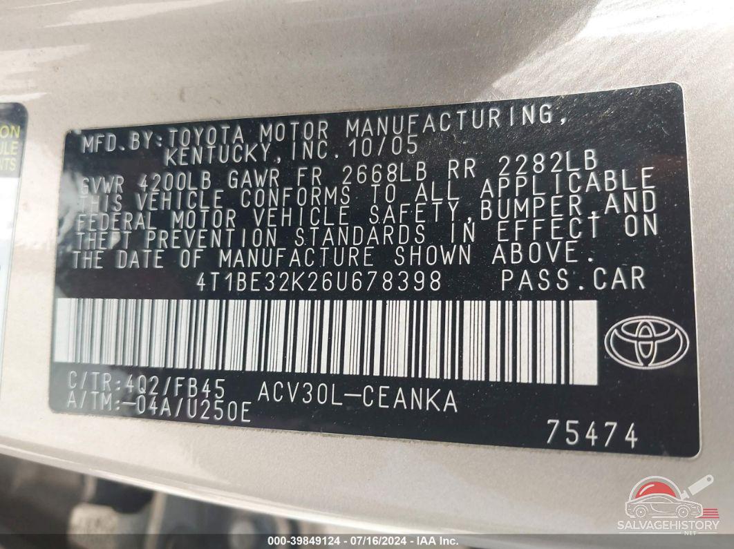 4T1BE32K26U678398 2006 TOYOTA CAMRY photo no. 9