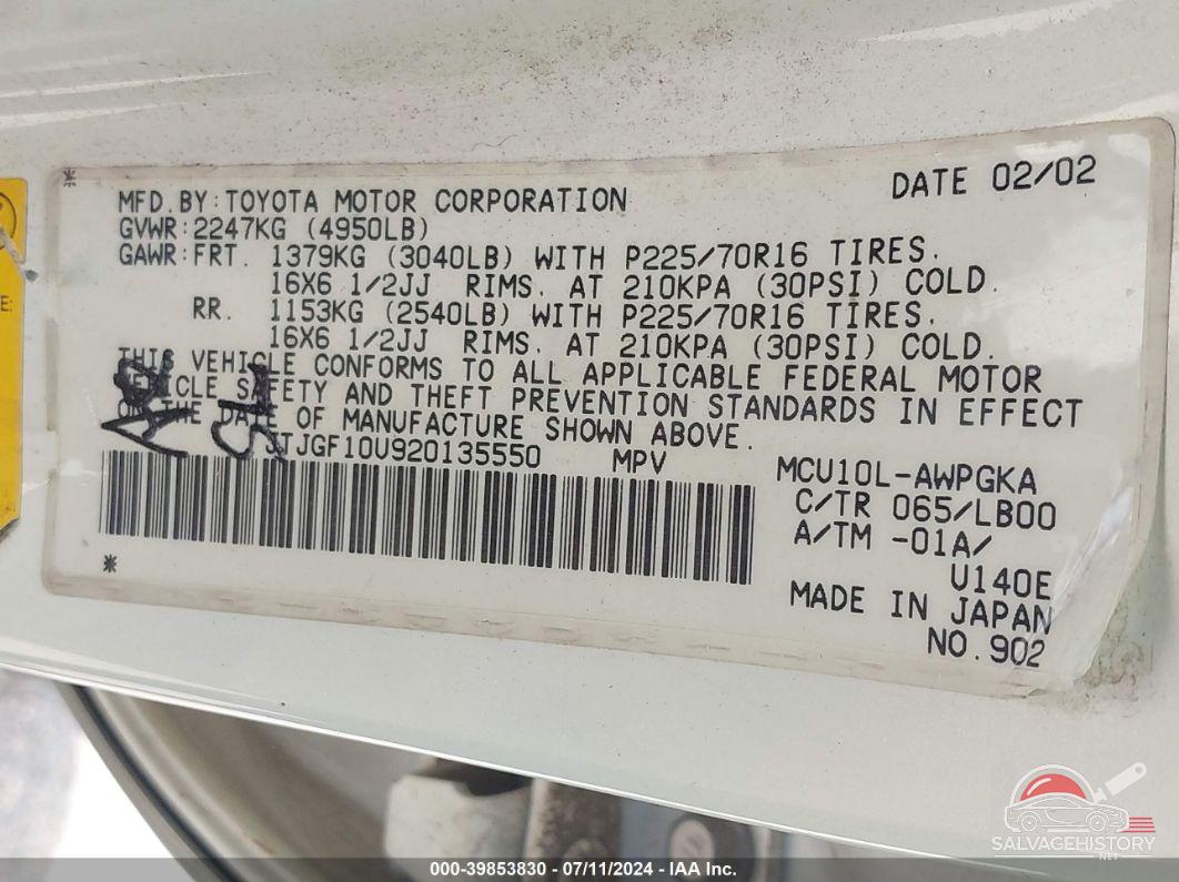 JTJGF10U920135550 2002 LEXUS RX 300 photo no. 9