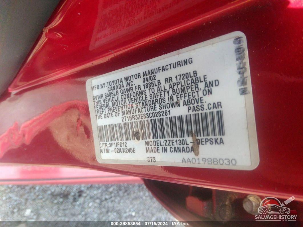 2T1BR32E83C028261 2003 TOYOTA COROLLA photo no. 9