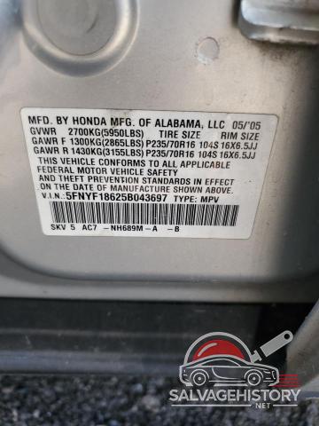 5FNYF18625B043697 2005 HONDA PILOT photo no. 13