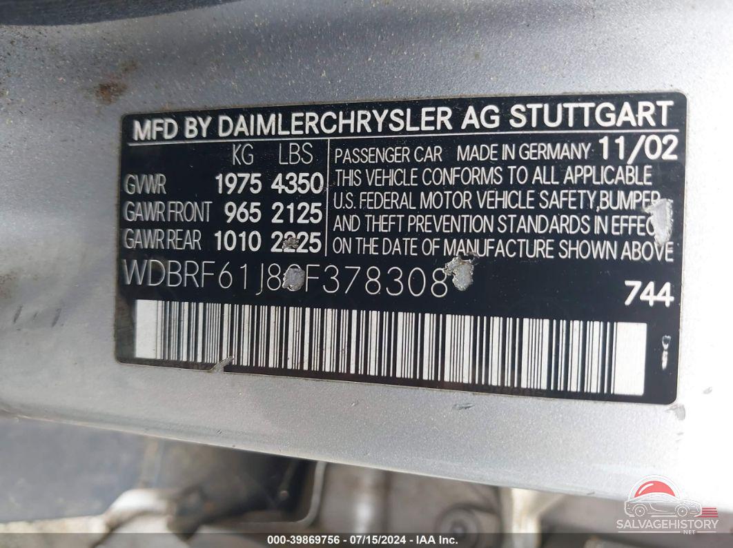 WDBRF61J83F378308 2003 MERCEDES-BENZ C 240 photo no. 9