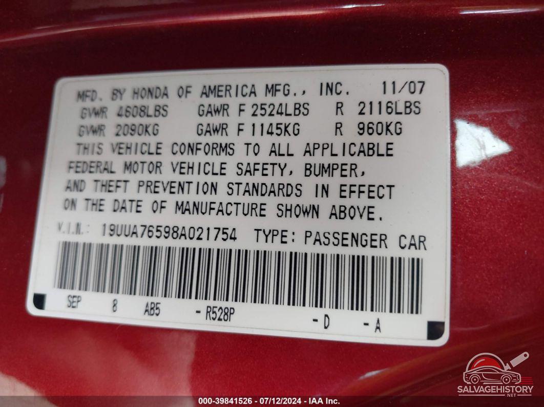19UUA76598A021754 2008 ACURA TL photo no. 9