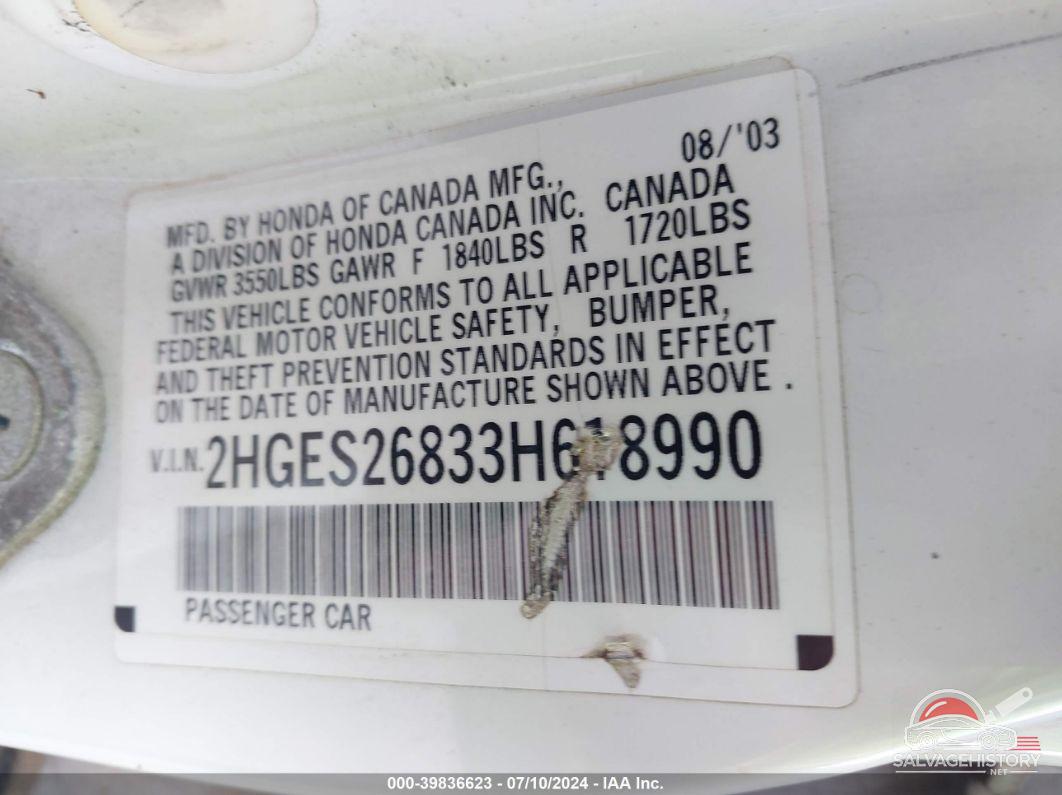2HGES26833H618990 2003 HONDA CIVIC photo no. 9