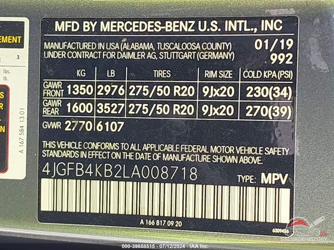 4JGFB4KB2LA008718 2020 MERCEDES-BENZ GLE photo no. 9