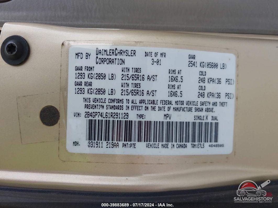 2B4GP74L61R291129 2001 DODGE GRAND CARAVAN photo no. 9