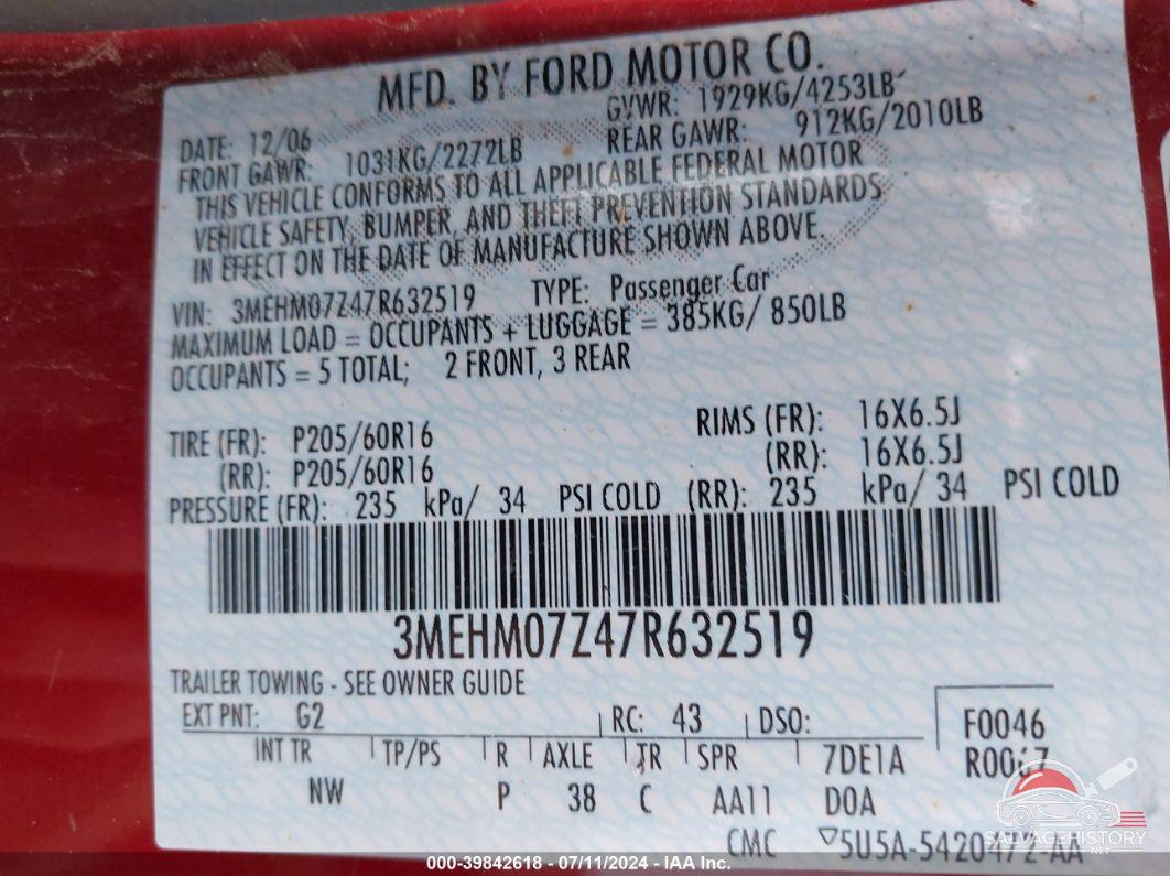 3MEHM07Z47R632519 2007 MERCURY MILAN photo no. 9