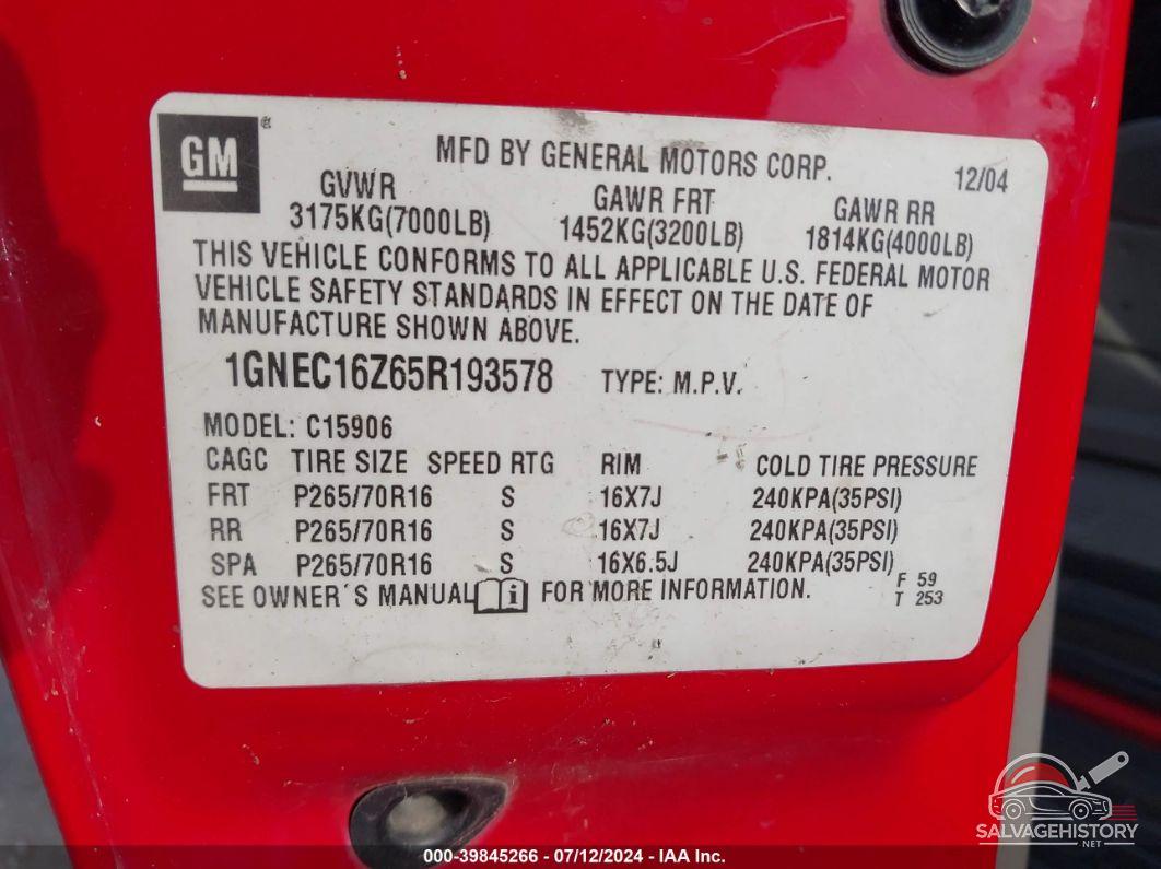 1GNEC16Z65R193578 2005 CHEVROLET SUBURBAN 1500 photo no. 9