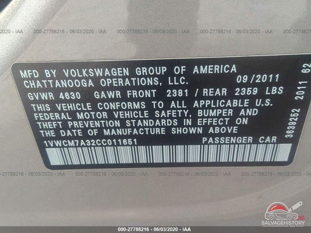 1VWCM7A32CC011651 2012 VOLKSWAGEN PASSAT photo no. 9