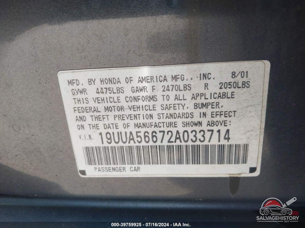 19UUA56672A033714 2002 ACURA TL photo no. 9