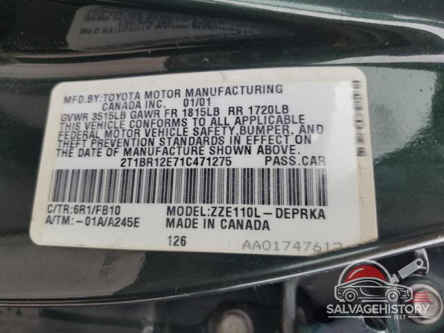 2T1BR12E71C471275 2001 TOYOTA COROLLA photo no. 12