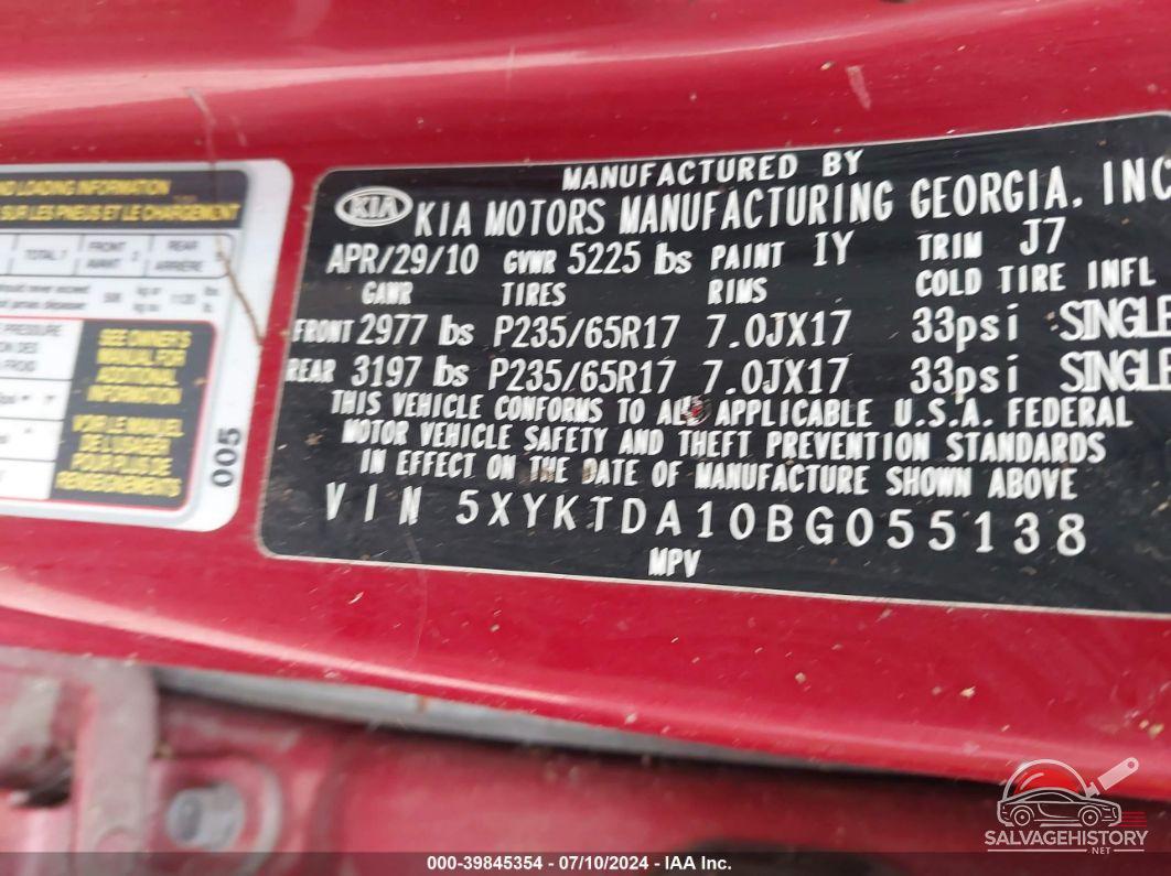5XYKTDA10BG055138 2011 KIA SORENTO photo no. 9