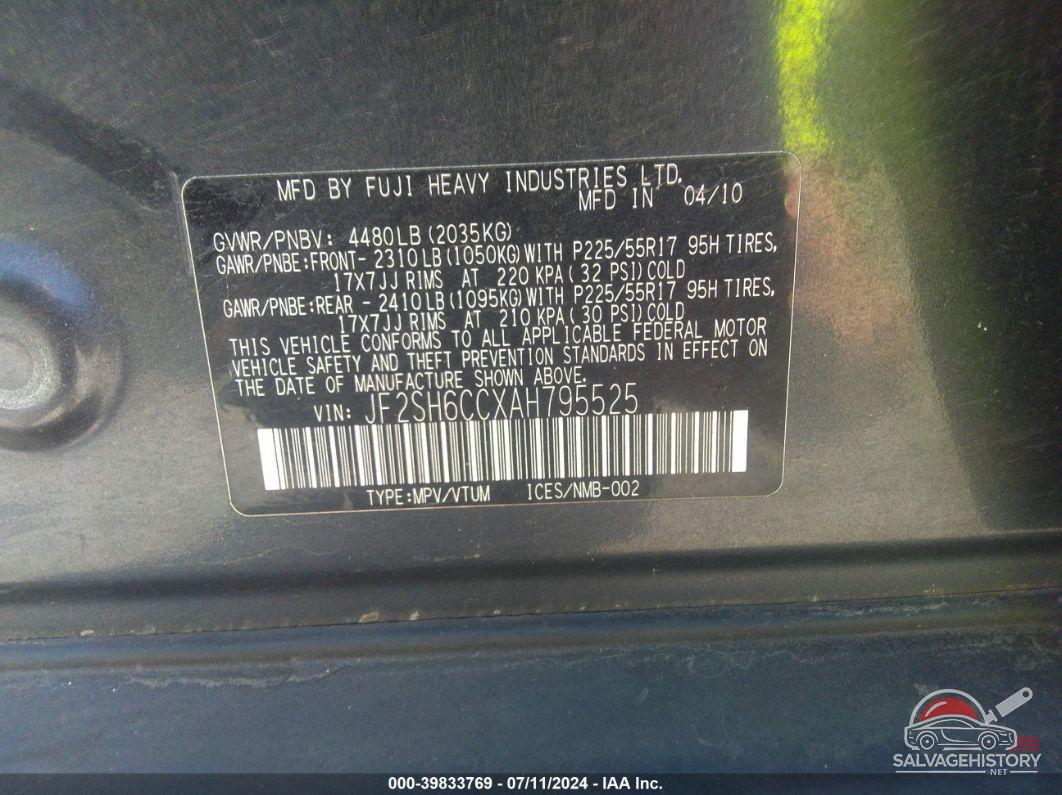 JF2SH6CCXAH795525 2010 SUBARU FORESTER photo no. 9