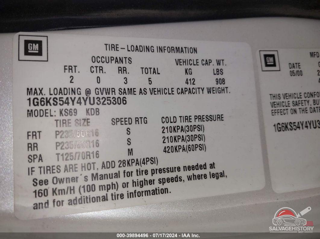 1G6KS54Y4YU325306 2000 CADILLAC SEVILLE photo no. 9