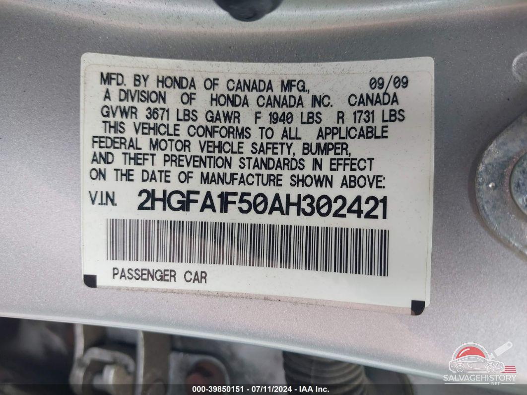 2HGFA1F50AH302421 2010 HONDA CIVIC photo no. 9