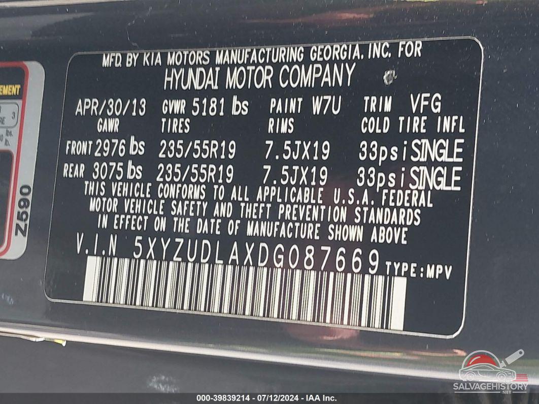5XYZUDLAXDG087669 2013 HYUNDAI SANTA FE photo no. 9