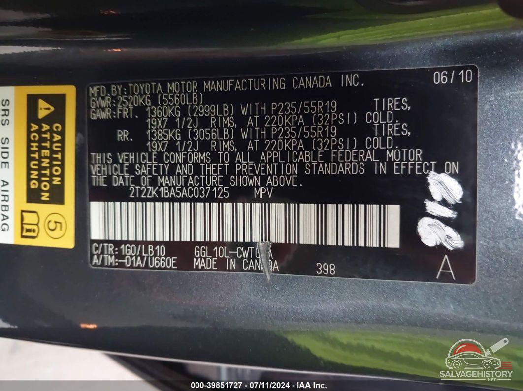2T2ZK1BA5AC037125 2010 LEXUS RX 350 photo no. 9