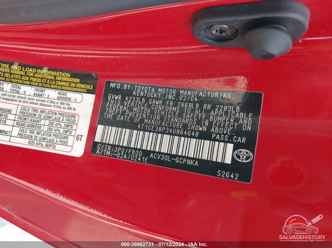 4T1CE38P34U864648 2004 TOYOTA CAMRY SOLARA photo no. 9