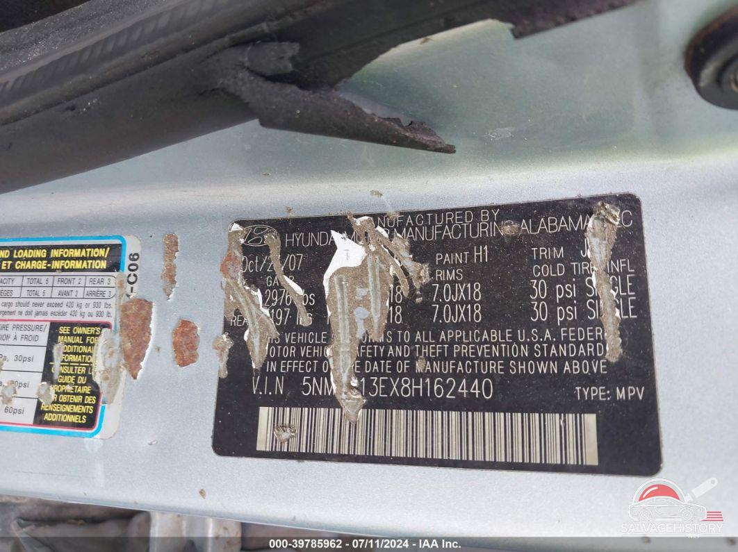 5NMSH13EX8H162440 2008 HYUNDAI SANTA FE photo no. 9