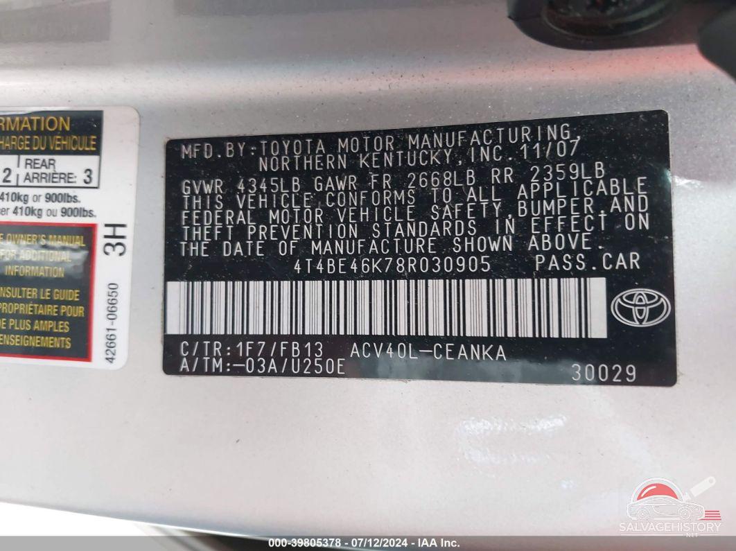 4T4BE46K78R030905 2008 TOYOTA CAMRY photo no. 9