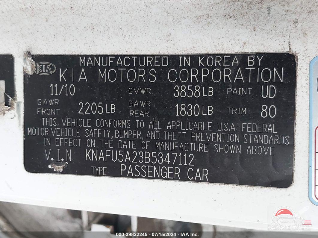 KNAFU5A23B5347112 2011 KIA FORTE photo no. 9