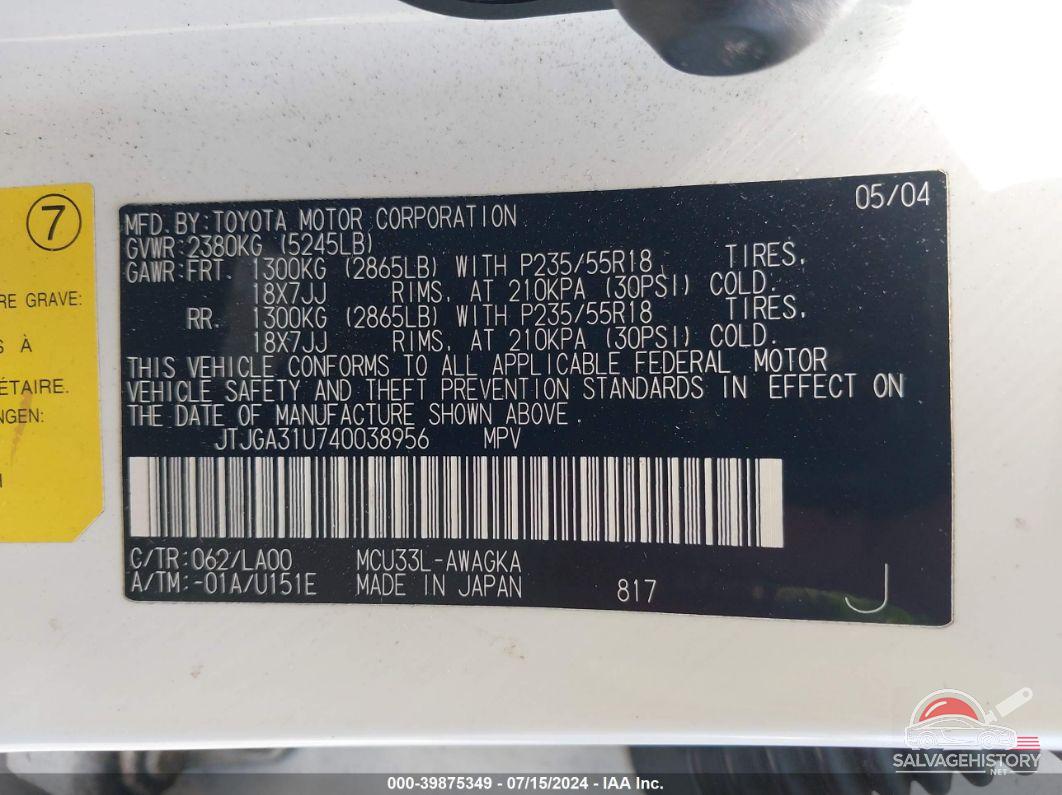 JTJGA31U740038956 2004 LEXUS RX 330 photo no. 9