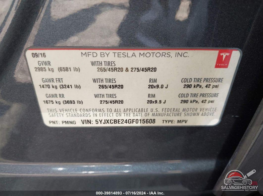 5YJXCBE24GF015608 2016 TESLA MODEL X photo no. 9