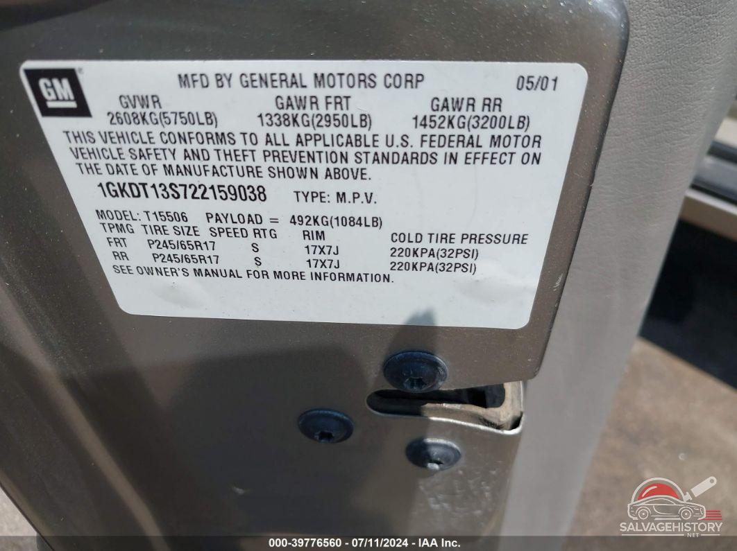 1GKDT13S722159038 2002 GMC ENVOY photo no. 9