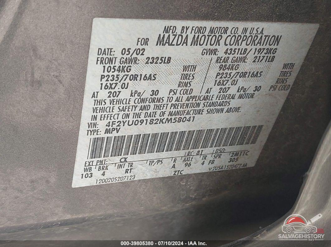 4F2YU09182KM58041 2002 MAZDA TRIBUTE photo no. 9