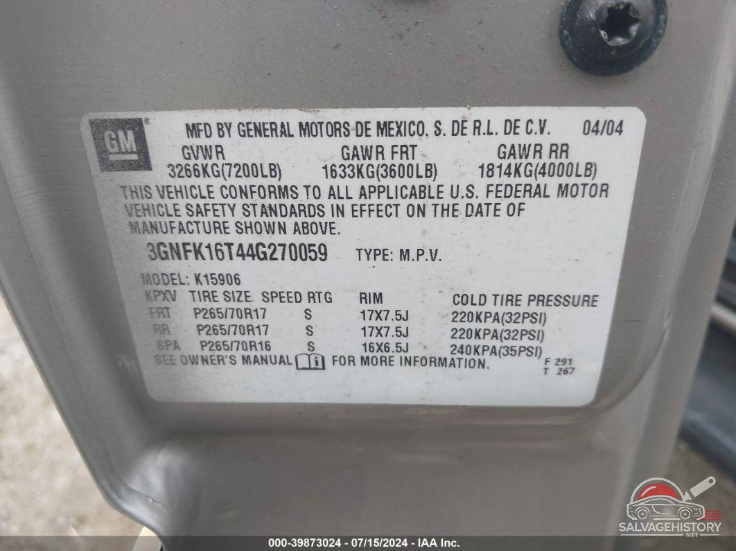 3GNFK16T44G270059 2004 CHEVROLET SUBURBAN 1500 photo no. 9