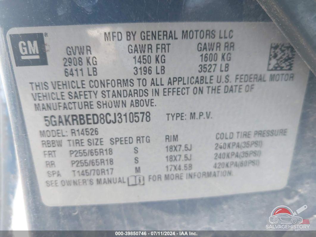 5GAKRBED8CJ310578 2012 BUICK ENCLAVE photo no. 9