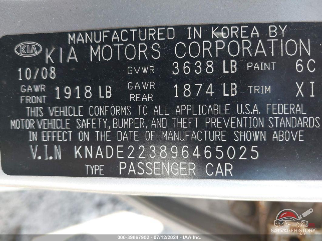 KNADE223896465025 2009 KIA RIO photo no. 9