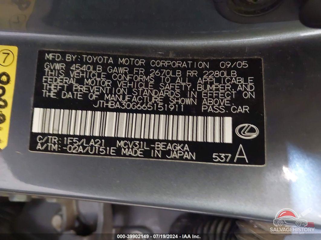 JTHBA30G665151911 2006 LEXUS ES 330 photo no. 9