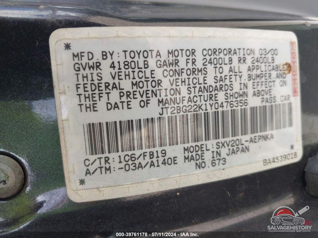 JT2BG22K1Y0476356 2000 TOYOTA CAMRY photo no. 9