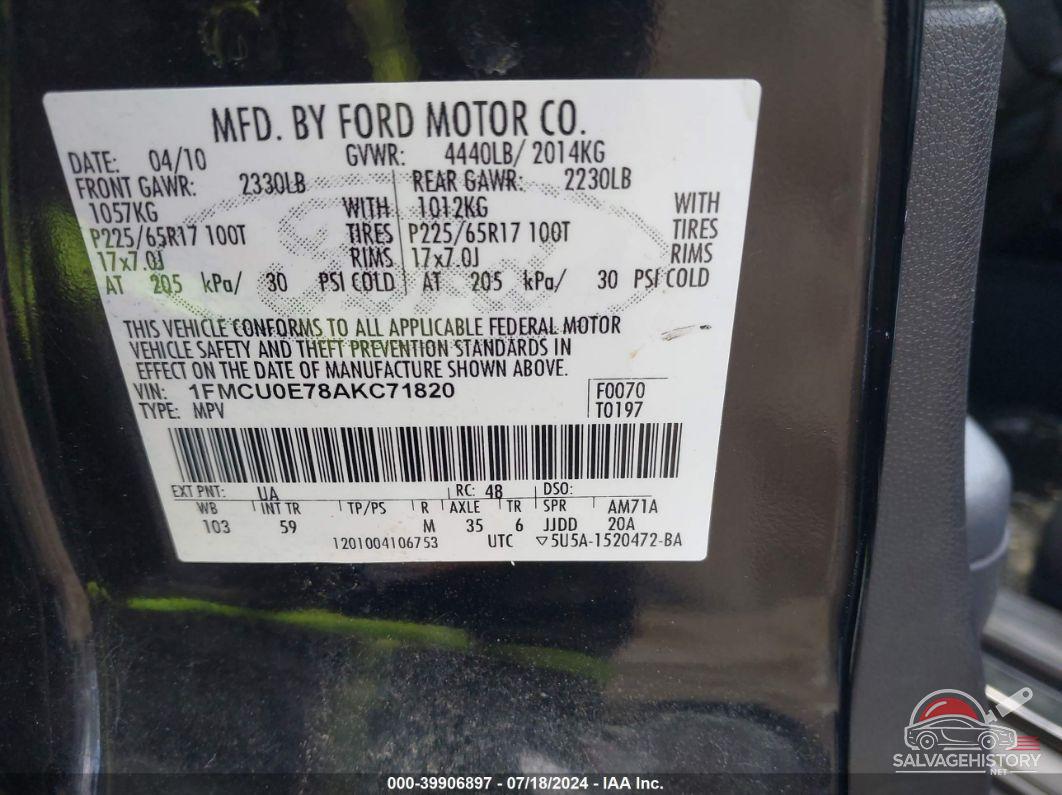 1FMCU0E78AKC71820 2010 FORD ESCAPE photo no. 9