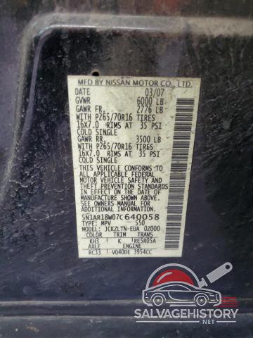 5N1AR18W07C640058 2007 NISSAN PATHFINDER photo no. 14