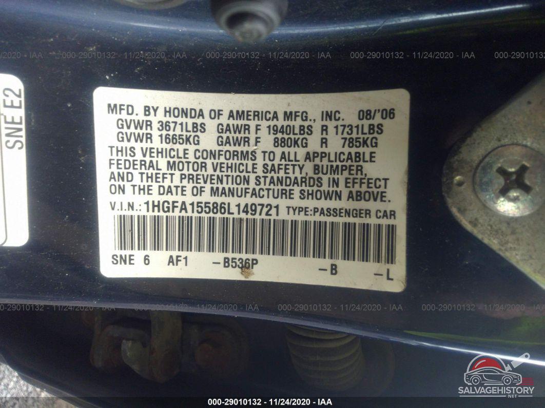 1HGFA15586L149721 2006 HONDA CIVIC SDN photo no. 9