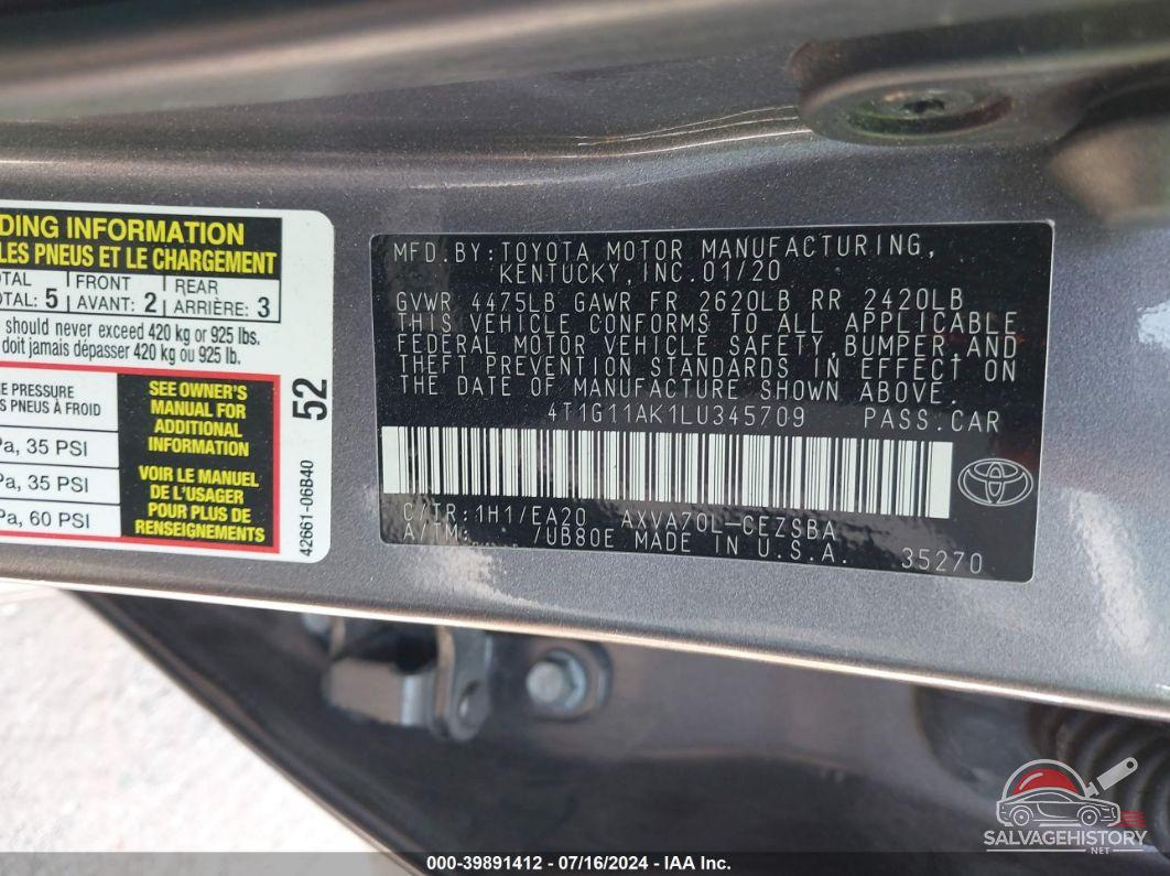 4T1G11AK1LU345709 2020 TOYOTA CAMRY photo no. 9