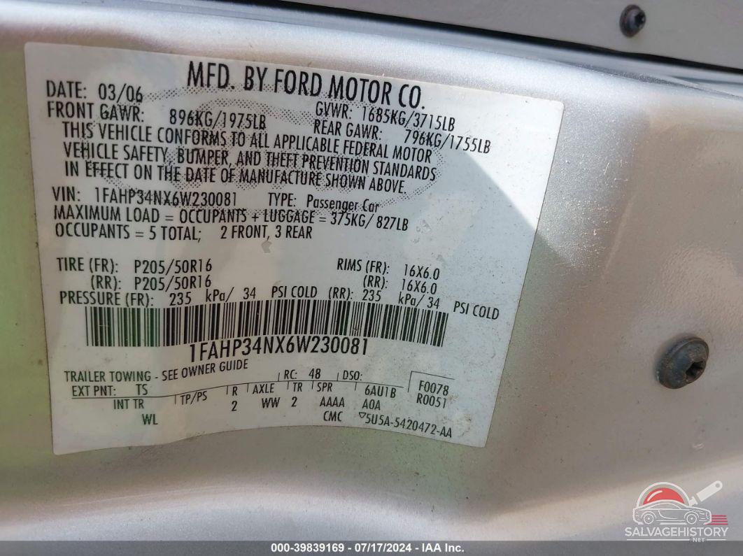 1FAHP34NX6W230081 2006 FORD FOCUS photo no. 9