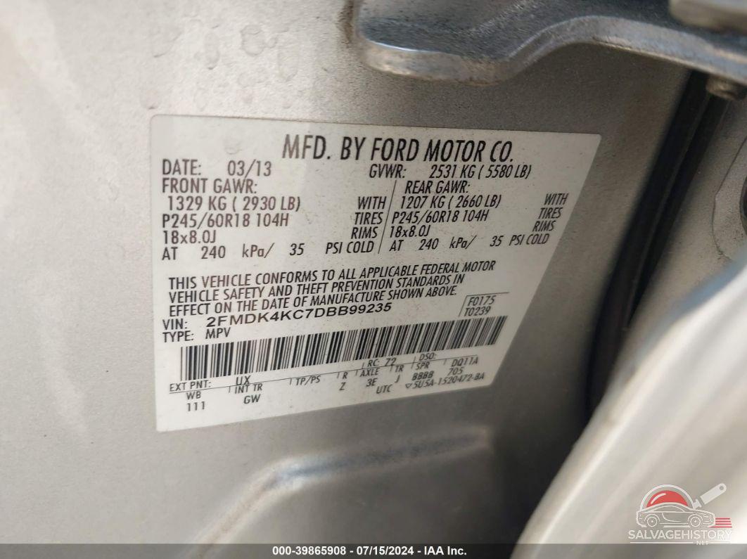 2FMDK4KC7DBB99235 2013 FORD EDGE photo no. 9
