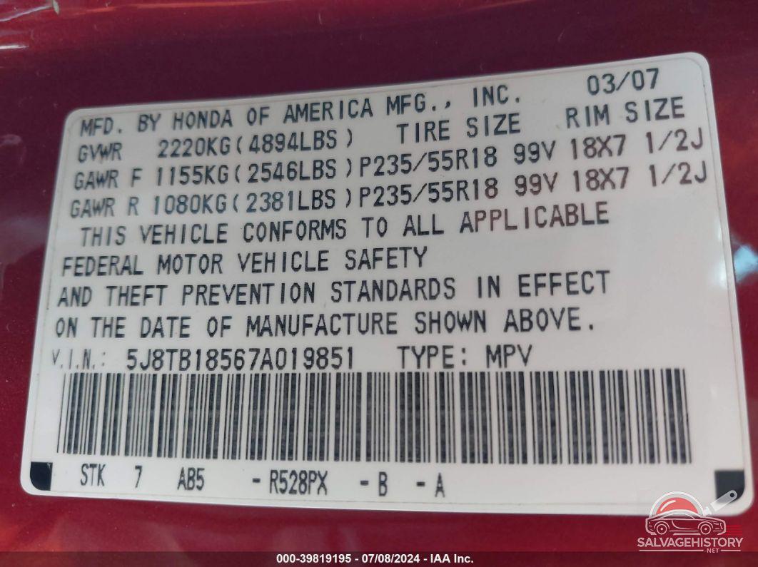 5J8TB18567A019851 2007 ACURA RDX photo no. 9