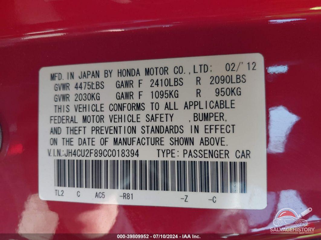 JH4CU2F89CC018394 2012 ACURA TSX photo no. 9