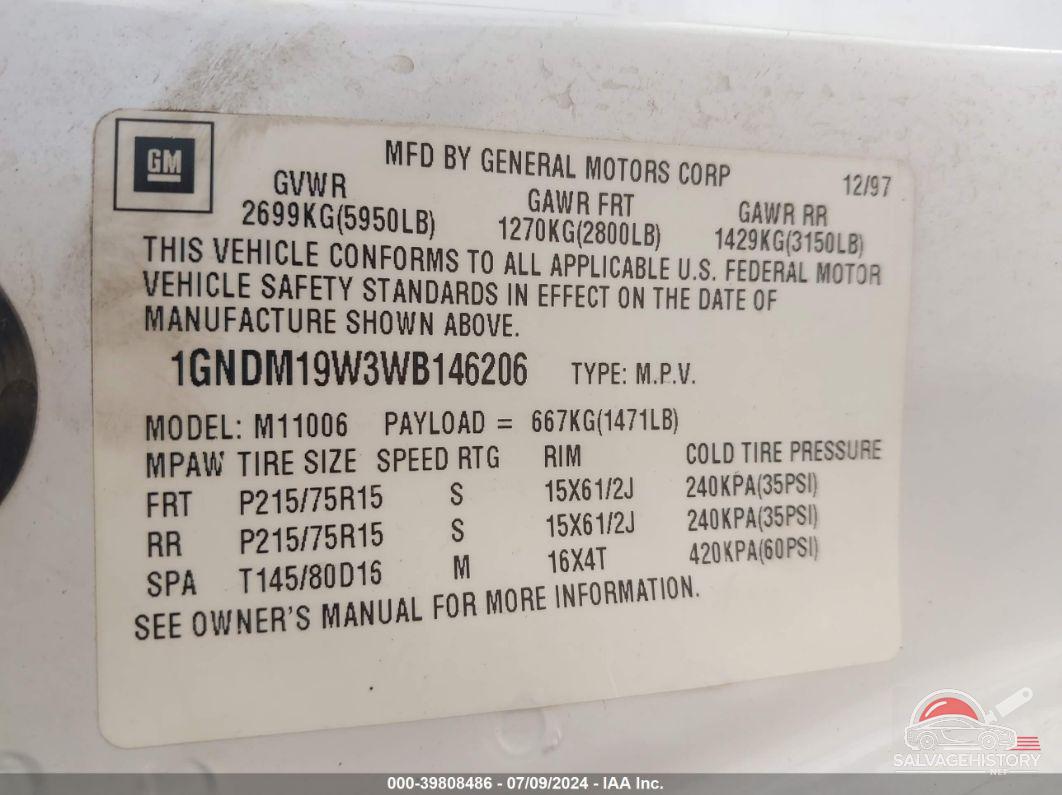 1GNDM19W3WB146206 1998 CHEVROLET ASTRO photo no. 9