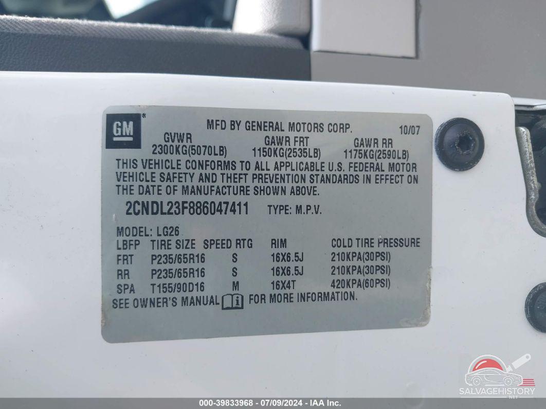 2CNDL23F886047411 2008 CHEVROLET EQUINOX photo no. 9