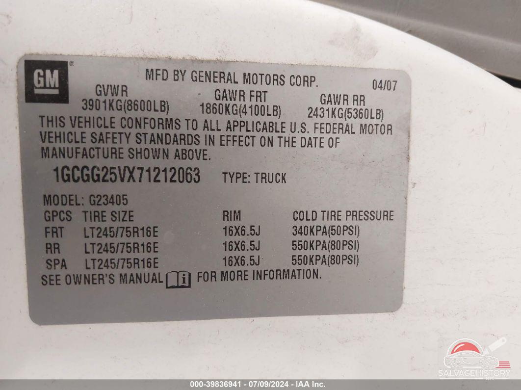 1GCGG25VX71212063 2007 CHEVROLET EXPRESS photo no. 9