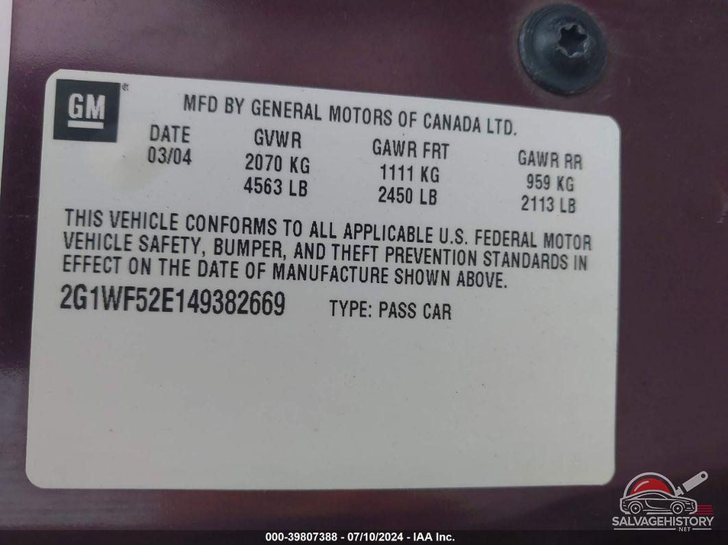 2G1WF52E149382669 2004 CHEVROLET IMPALA photo no. 9