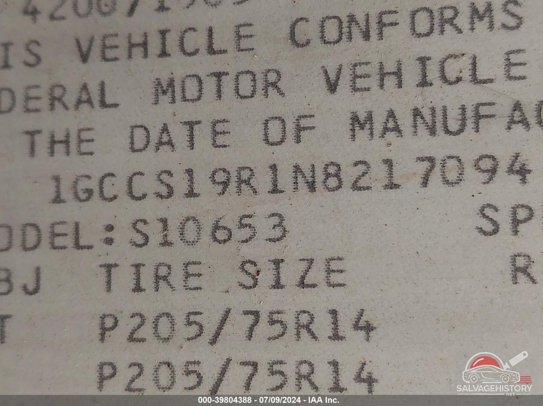 1GCCS19R1N8217094 1992 CHEVROLET S TRUCK photo no. 9
